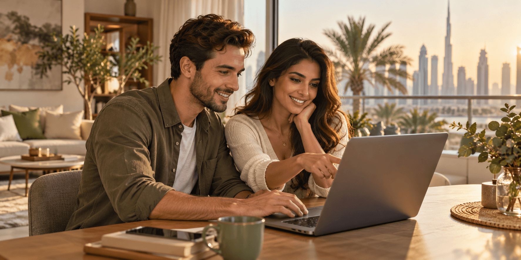 Una coppia al laptop in un appartamento soleggiato, con lo skyline di Dubai sullo sfondo