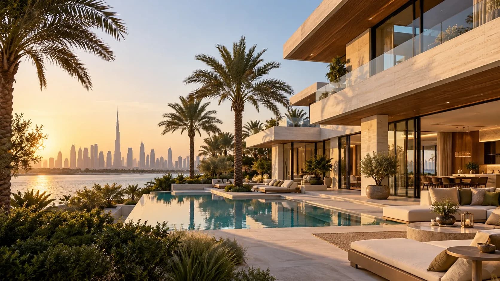 A waterfront villa in Dubai at sunset, with the city skyline beyond
